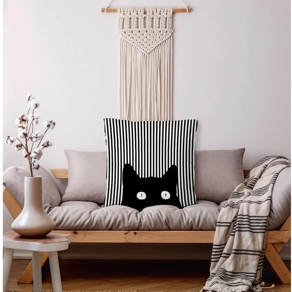 Cat Theme Pillow Cover Zippered Decorative Square Black White 17.7 in X 17.7 in